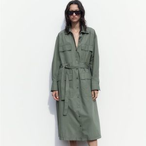 New with tags Zara shirt dress belted waist green pockets button up